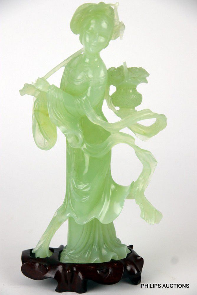 Translucent Celadon Jade Lady with Staff and Stand Jade Oriental