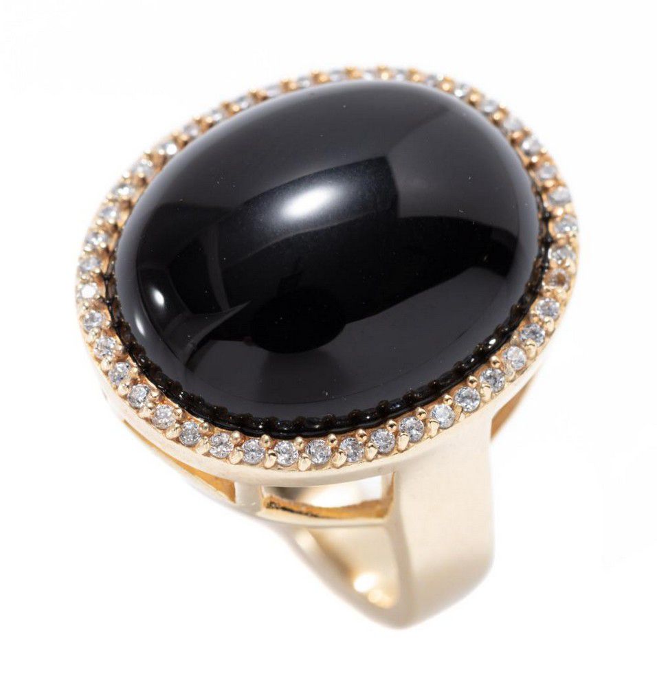 Silver Gilt Onyx Cocktail Ring with Zirconias, Size Q - Rings - Jewellery