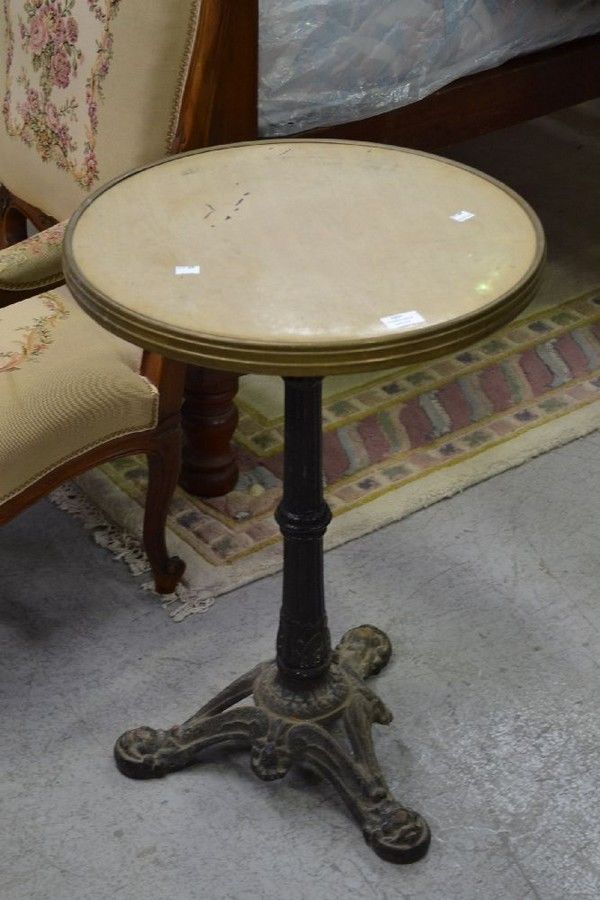 Vintage French cast iron based bistro table with brass banded
