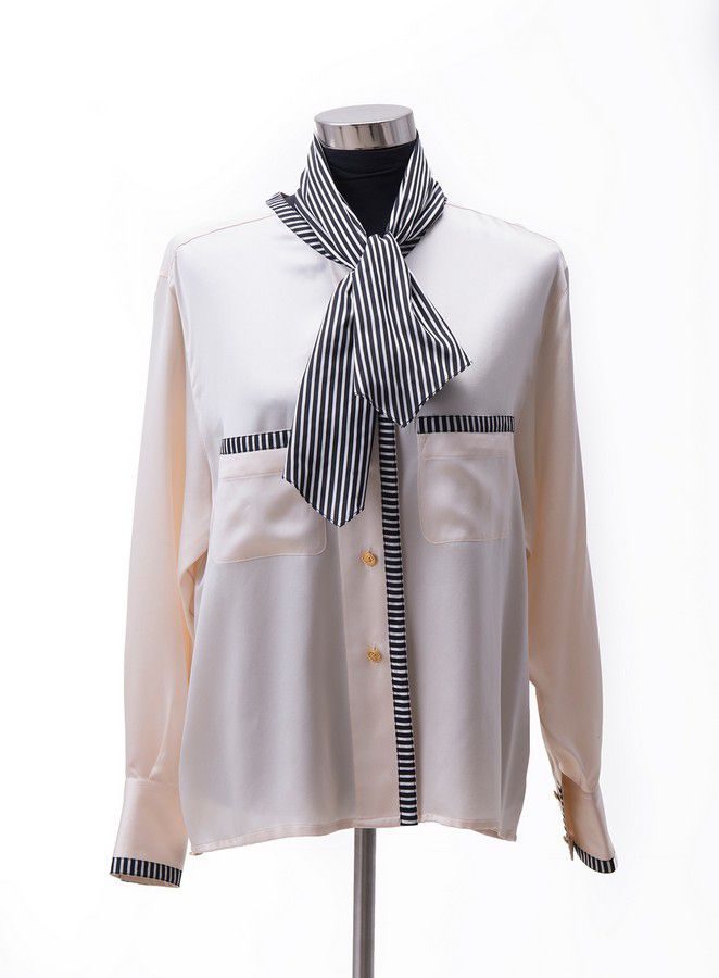 Chanel Cream Silk Blouse with Striped Trim and Gold Buttons - Clothing ...