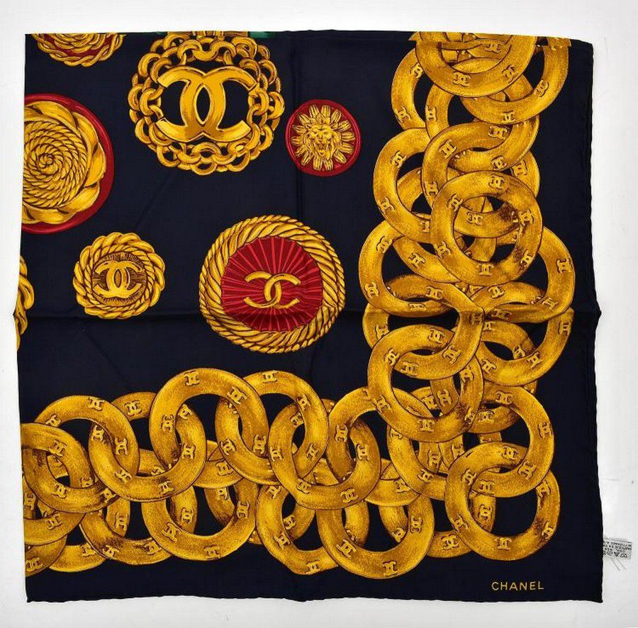 Chanel Silk Scarf with Gold Chain Medallion Design - Shawls, Scarfs ...