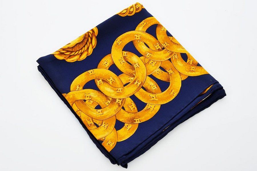 Chanel Silk Scarf with Gold Chain Link Design - Shawls, Scarfs ...