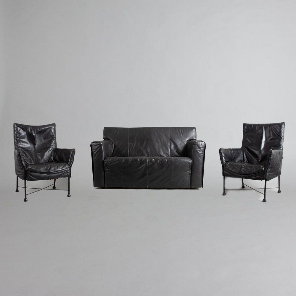 Black Italian Leather Lounge Suite with Armchairs European Furniture Post 1950