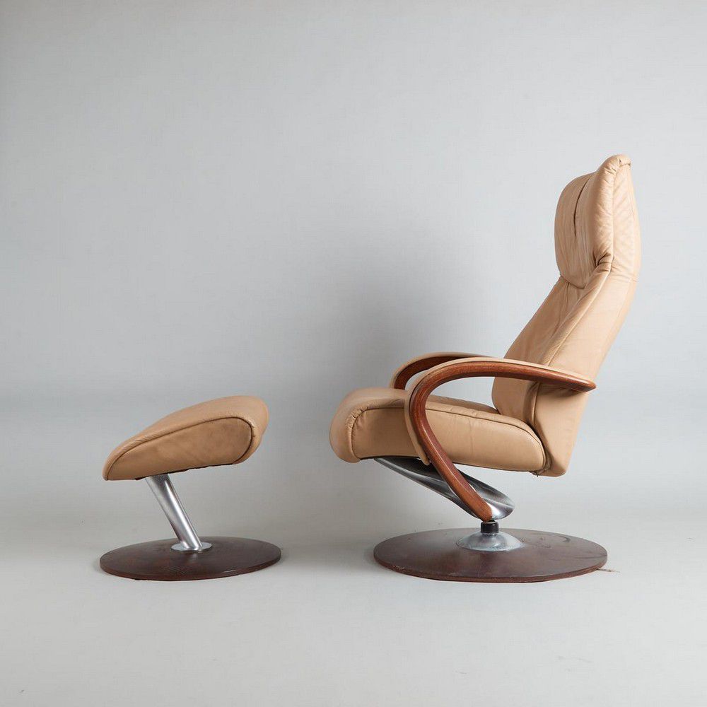 Brown Leather Swivel Armchair with Ottoman Zother Furniture Post 1950