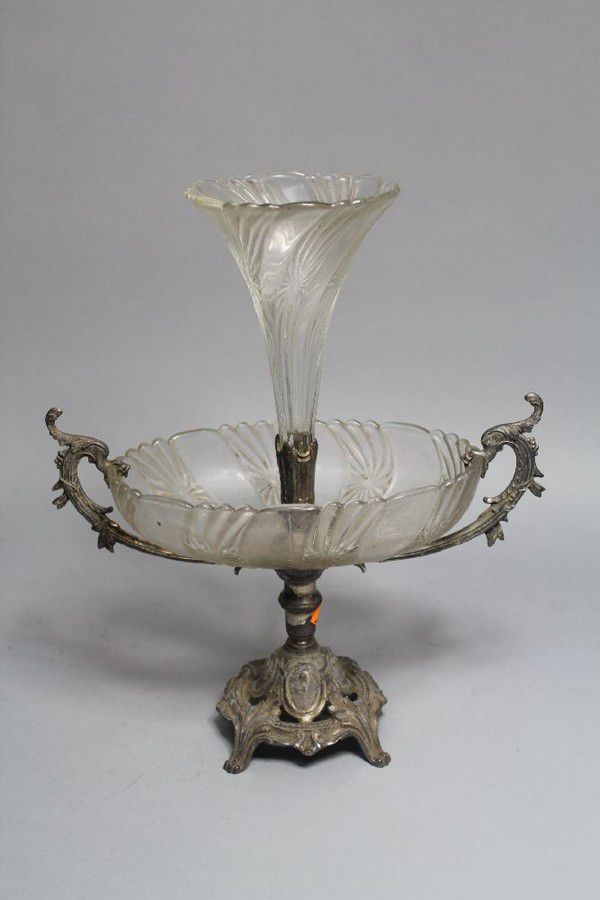 French Antique Epergne with Glass Vase and Bowl - French - Glass
