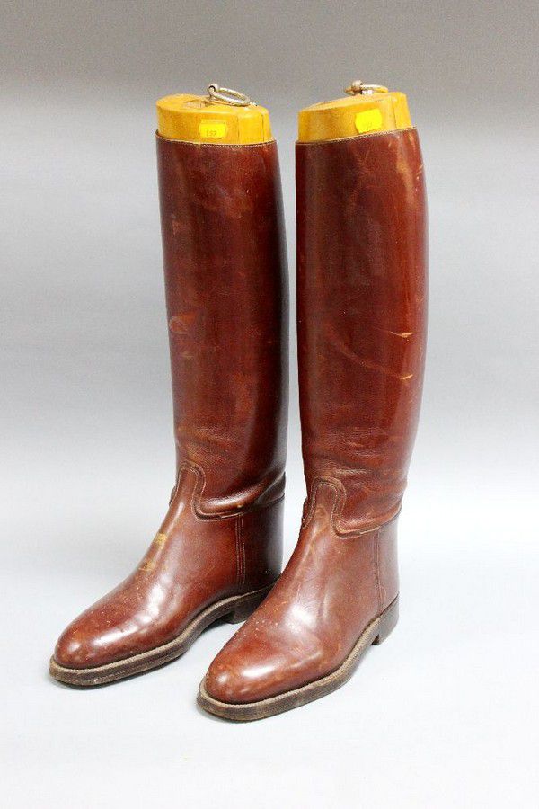 Pair of French leather riding boots, with wooden