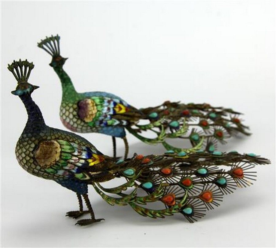 Cloisonne Peacock Figures with Semi Precious Stones - Cloisonne - Oriental