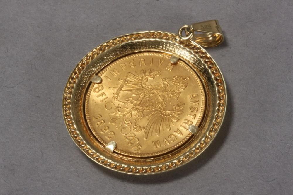 Austrian 1892 Franz Joseph I gold coin, .900 purity, 8 Florins ...