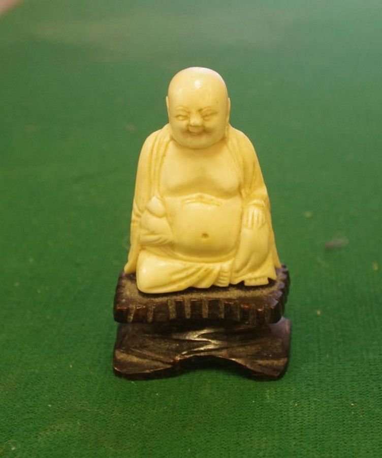 Vintage Carved Ivory Buddha on Wooden Stand - Zother - Oriental