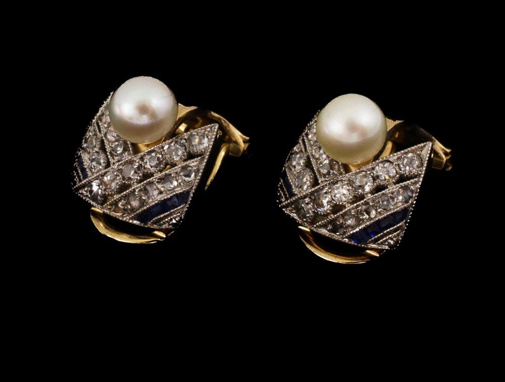 Platinum Diamond Sapphire Pearl Clip-On Earrings - Earrings - Jewellery