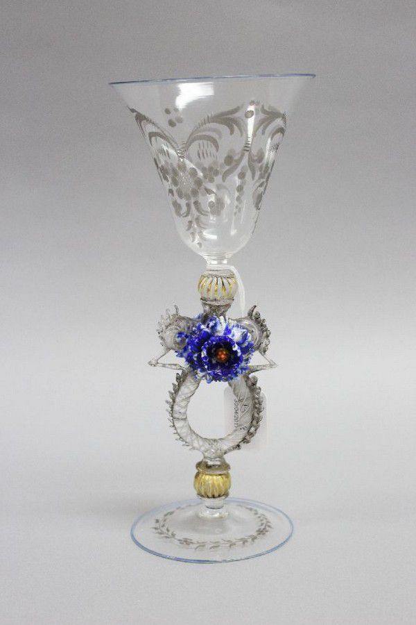 Murano glass Renaissance revival wine glass, with applied ...