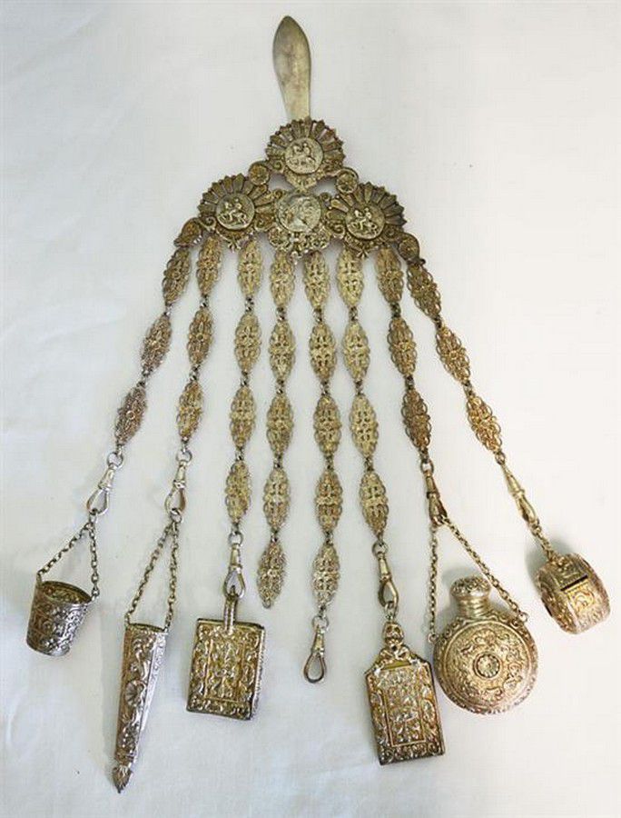 Base Metal Chatelaine with Scissors and Thimble Holder - Chatelaines ...