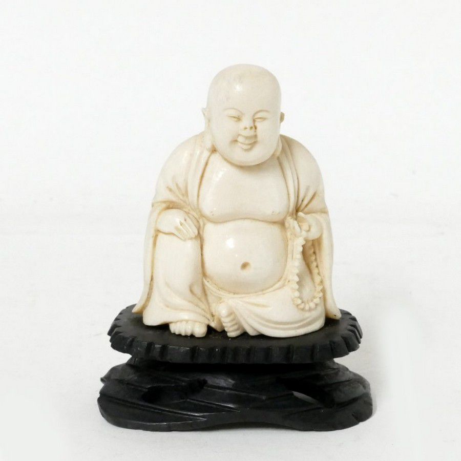Carved Chinese Ivory Buddha Figurine on Wood Base - Ivory - Oriental