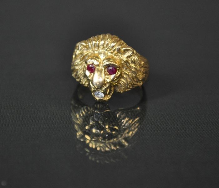 Vintage 14K Yellow Gold Mens Lion Head Ring Diamond Eyes Ruby Mouth 11g  Size 13 | #1883242883