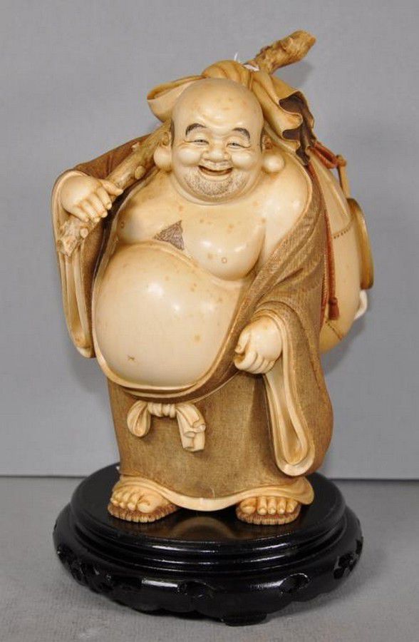 Carved Ivory Hotei Figure by Keiseki - Ivory - Oriental