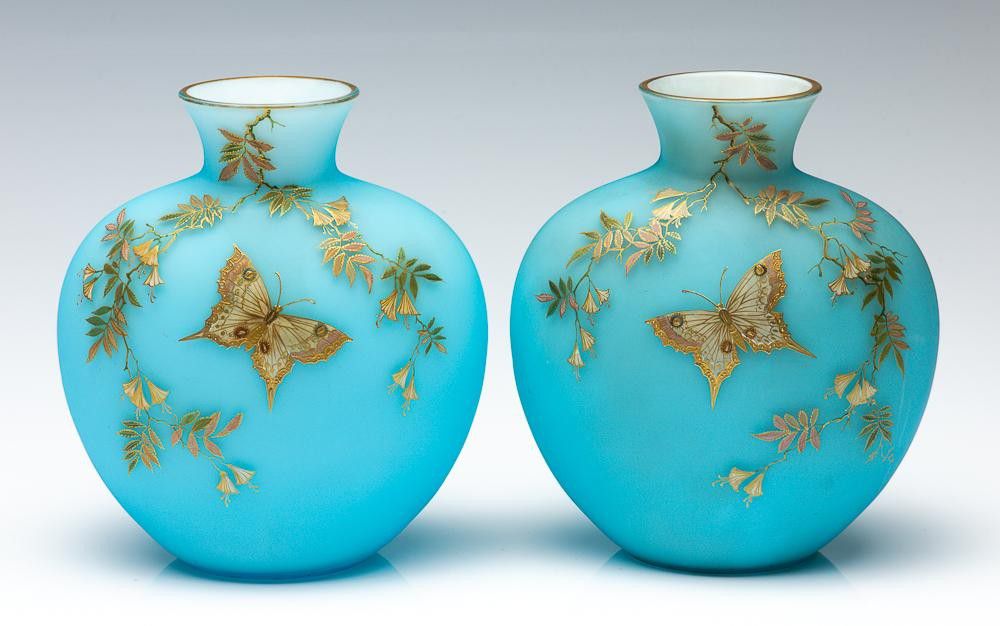A pair of Japanese Satsuma hand painted sky blue glass vases… Zother