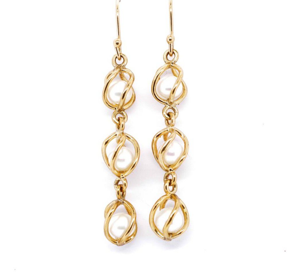 Gold & Pearl Shepherd Hook Earrings, 65mm Length - Earrings - Jewellery