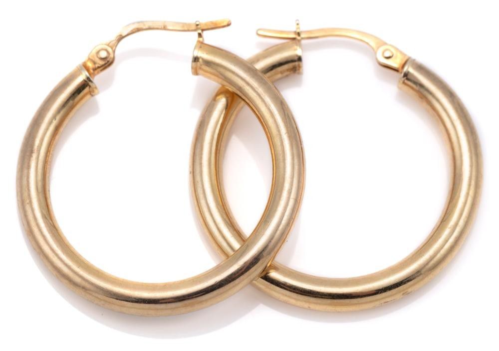A pair of 9ct gold hoop earrings, 3 mm wide full round hoops of ...
