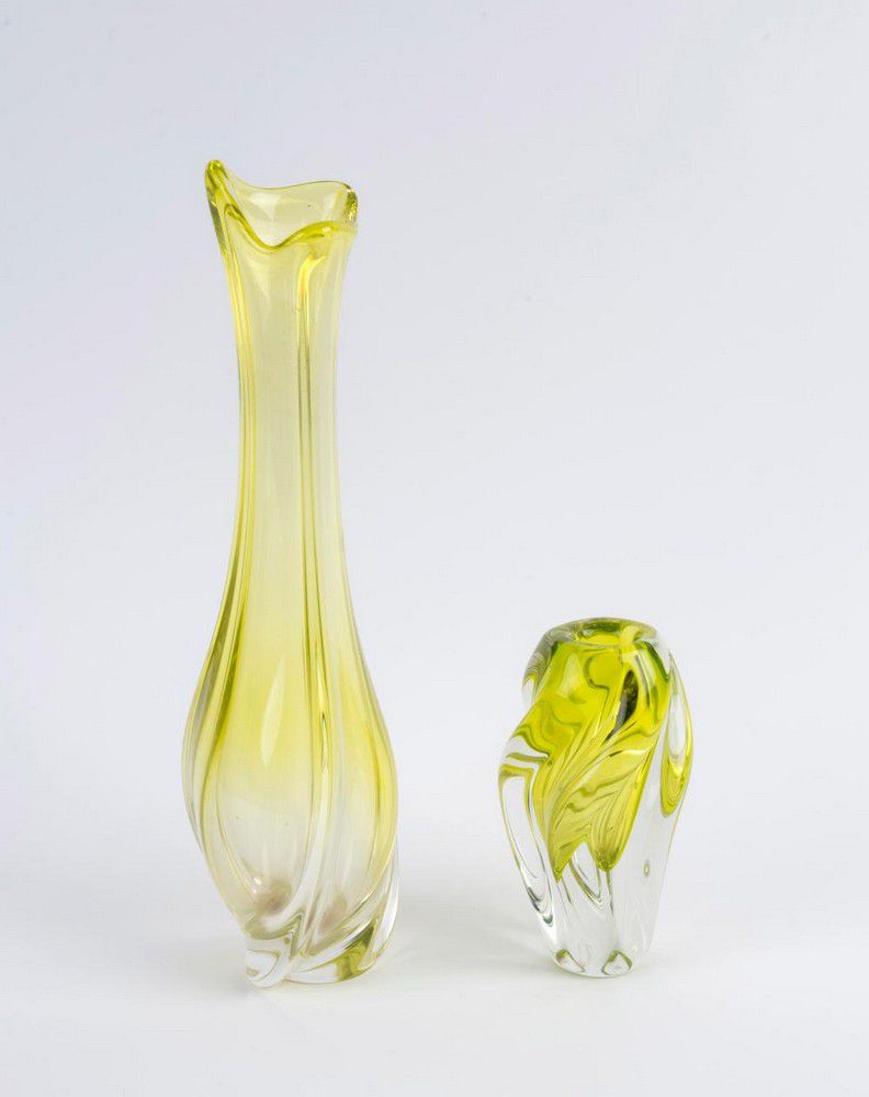 1960 Japanese Yellow Art Glass Vases (2) - Zother - Oriental