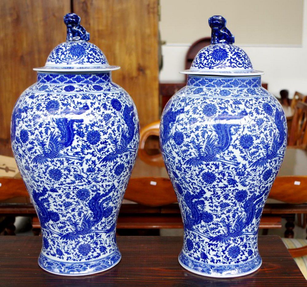 Large Chinese Blue & White Vases with Lids 56cm Ceramics Chinese