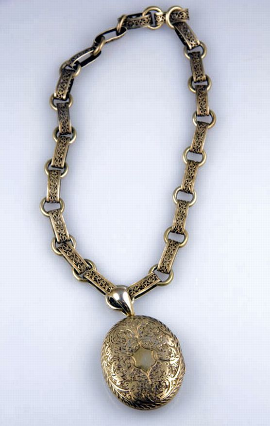Victorian silver gilt locket on chain all engraved with fancy ...