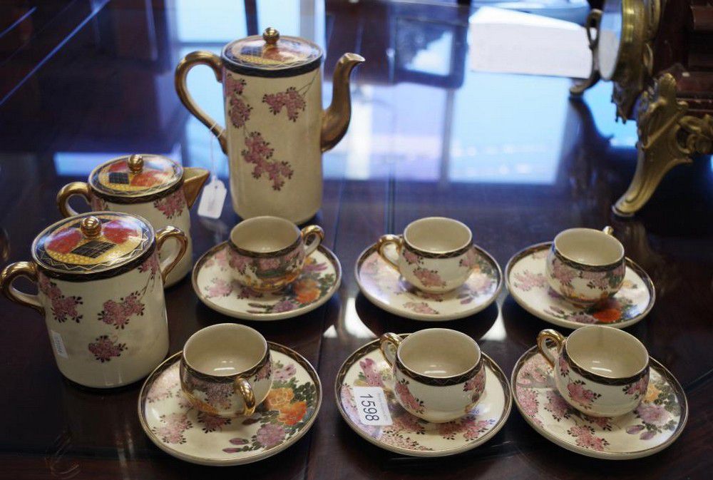 HandPainted Satsuma Coffee Set with Character Marks Ceramics Japanese Oriental