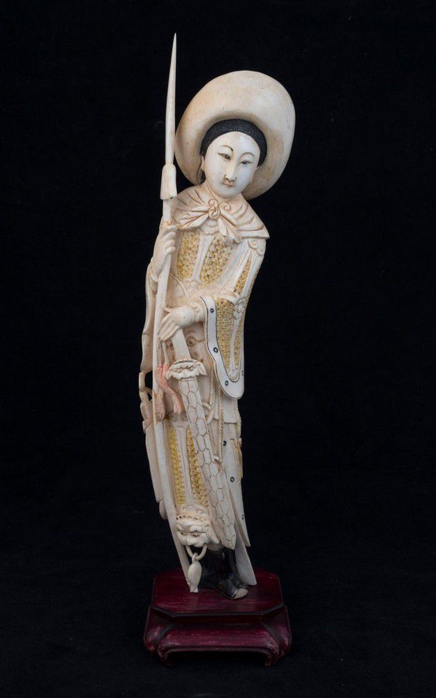 Chinese Ivory Warrior Statue on Wooden Stand Ivory Oriental