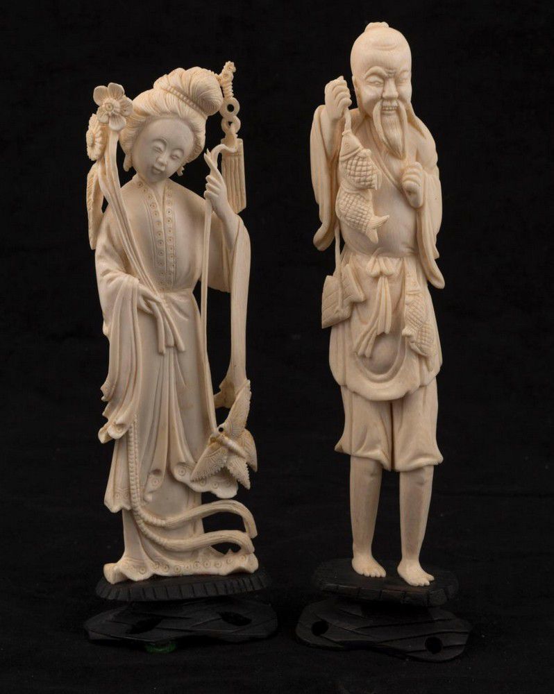Chinese Ivory Fisherman and Lady with Butterfly Statues Ivory Oriental