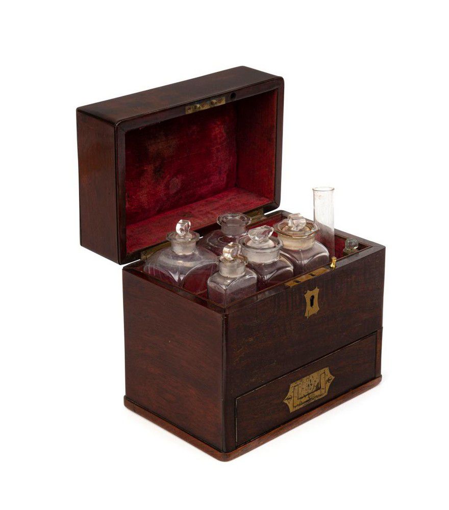 Mid-19th Century Mahogany Apothecary Box with Bottles and Implements ...