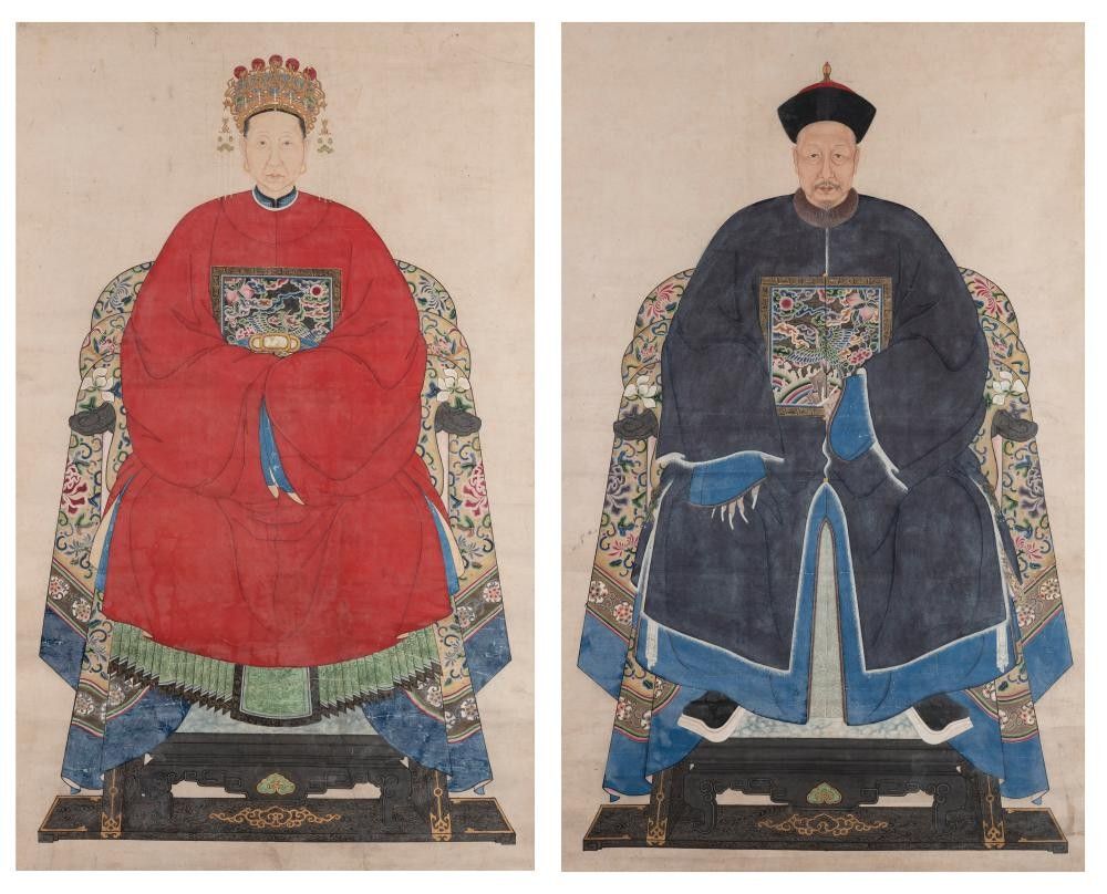 Qing Dynasty Ancestor Portraits Male And Female Officials Textiles 