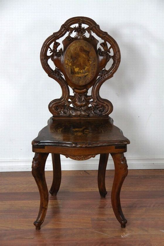A walnut Swiss musical chair, the back with marquetry… - Seating