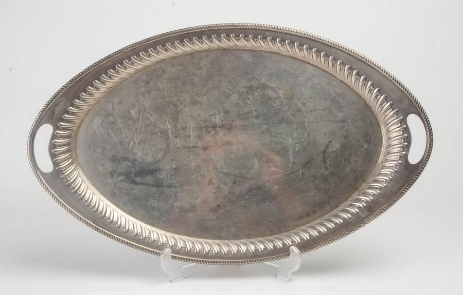 Illegible Marked Sterling Silver Oval Serving Tray (1950+ gms) Trays