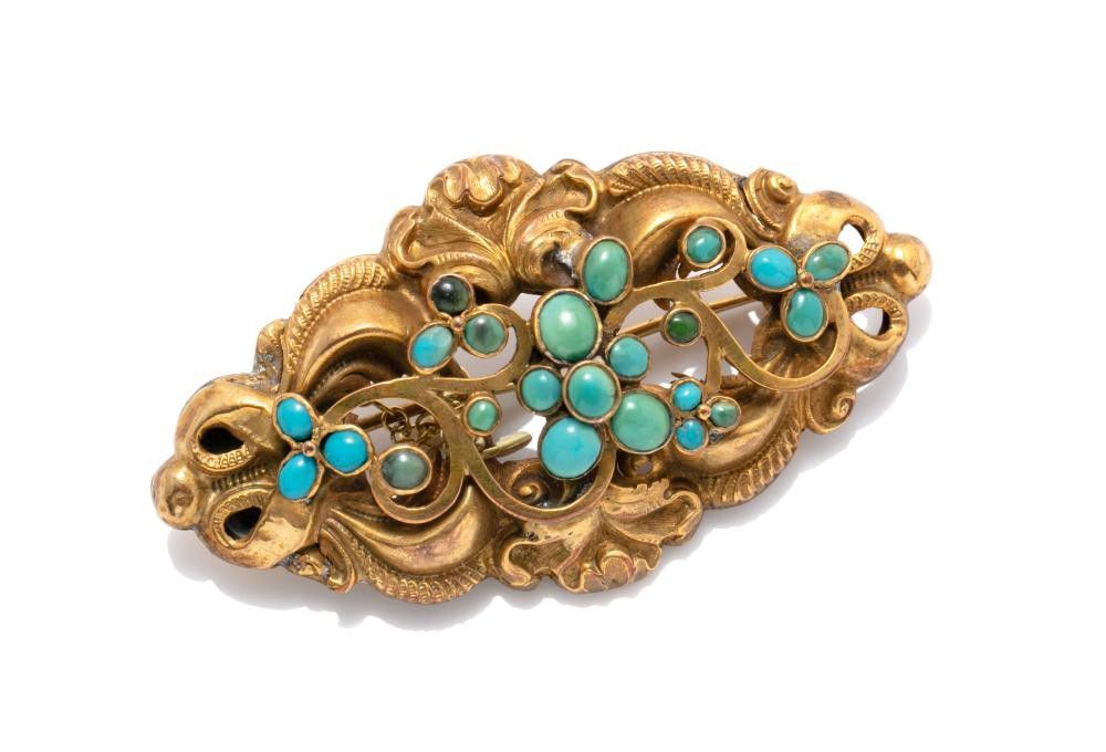 Antique Turquoise Gold Brooch with Repousse Bloomed Design - Brooches ...