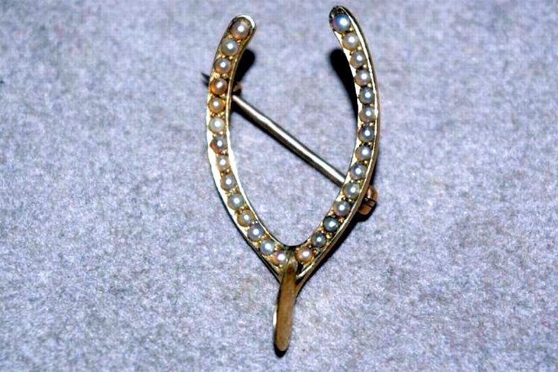 Gold Wishbone Brooch with Seed Pearls - Brooches - Jewellery