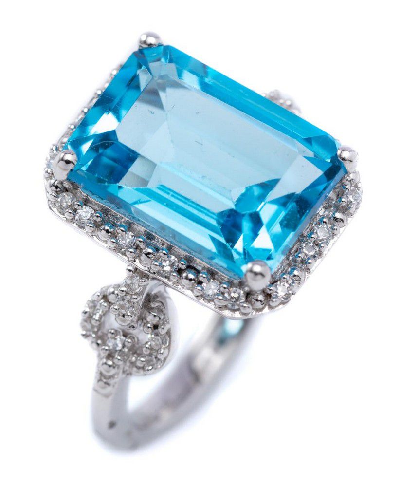 Emerald Cut Blue Topaz Cocktail Ring with Zirconia Accents - Rings ...