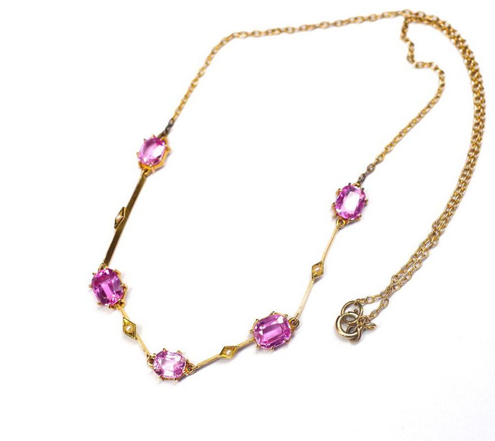 Pink Sapphire & Pearl Necklace with Rose Gold Accent - Necklace/Chain ...