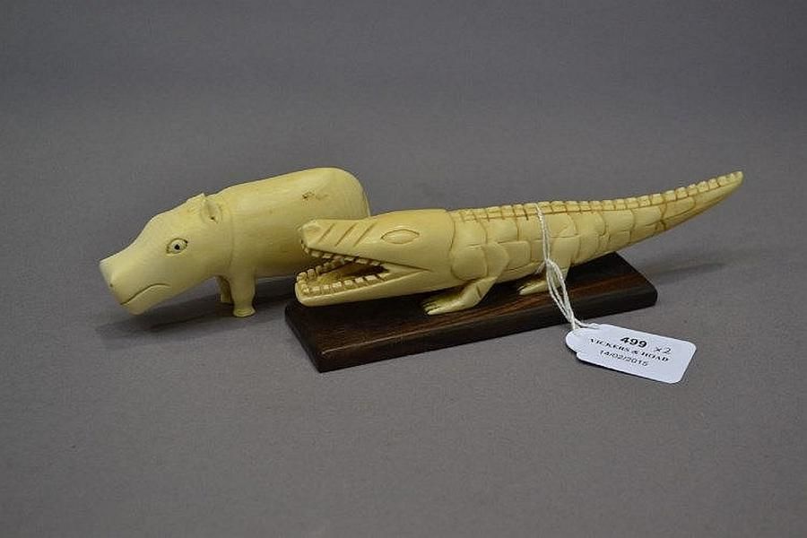 African Ivory Crocodile and Hippo Sculptures African Tribal