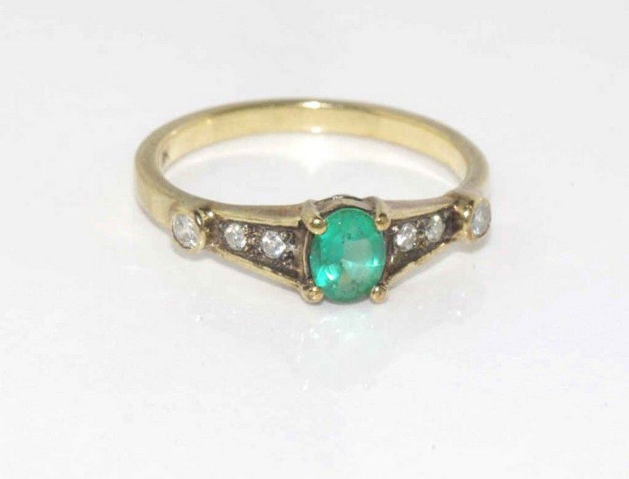 14K Gold Emerald & Diamond Ring - Size L-M/6 - Rings - Jewellery