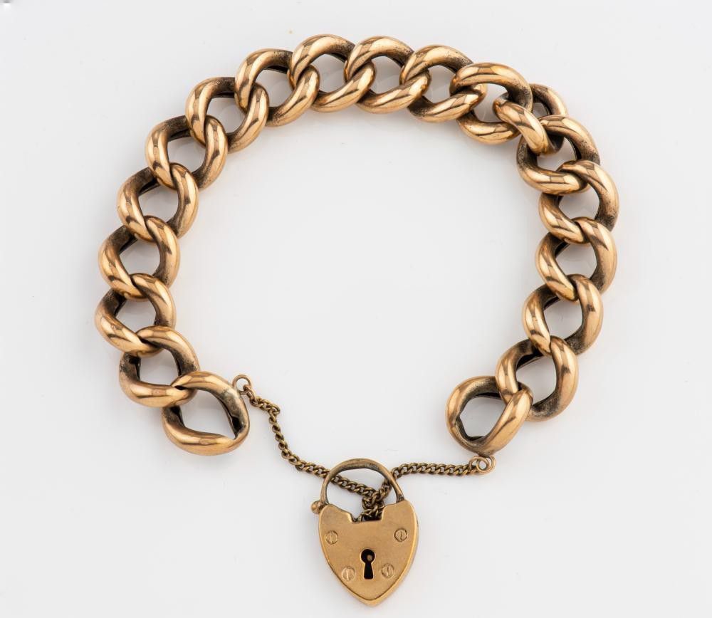 9ct Gold Heart Padlock Curb Bracelet - 44.2g - Bracelets/Bangles ...