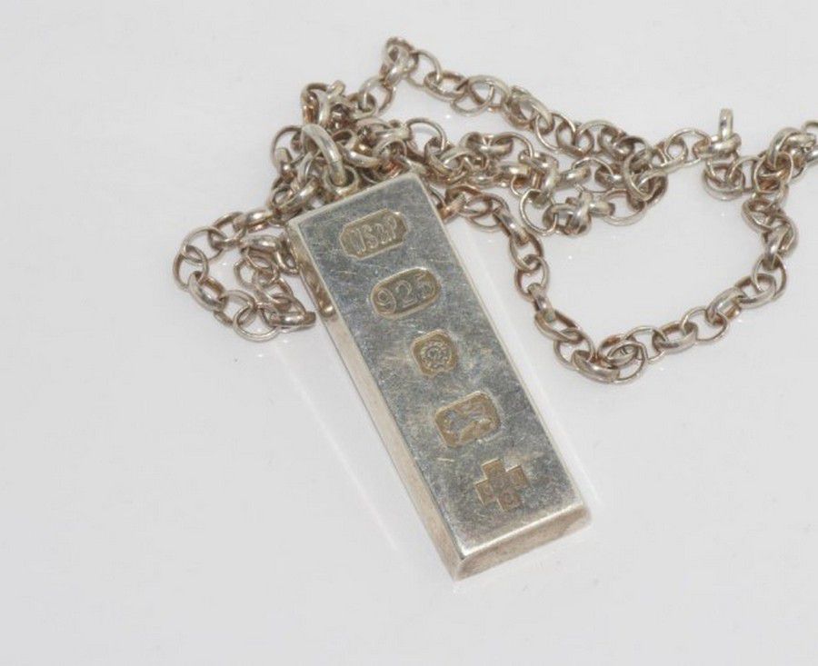 English hallmarked silver ingot on silver chain, weight approx ...