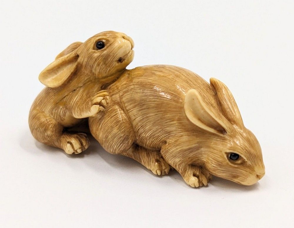 Small Rabbit Netsuke Antique Japanese Ivory Netsuke: Rabbit and Baby with Glass Eyes ...