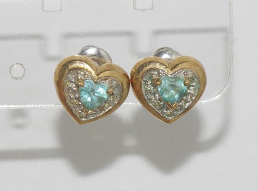 Gold Heart Earrings with Aquamarine and Diamonds Earrings Jewellery