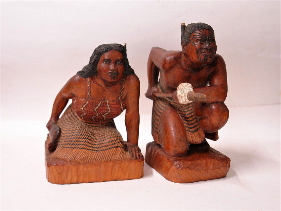Vintage Maori Kneeling Carved Figures with Weapons - Figures/Groups ...