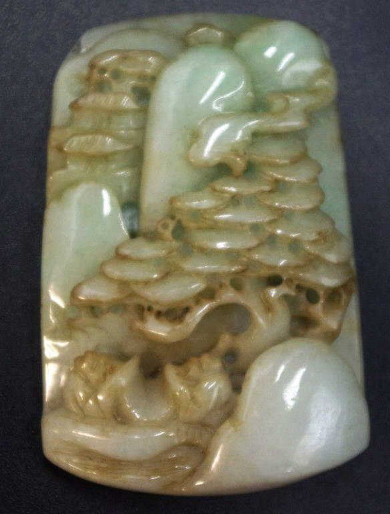 Carved Green Hardstone Pendant with Temple Scene - Zother - Oriental