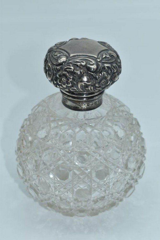 Antique Crystal Perfume Bottle with Sterling Silver Top - Scent Bottles
