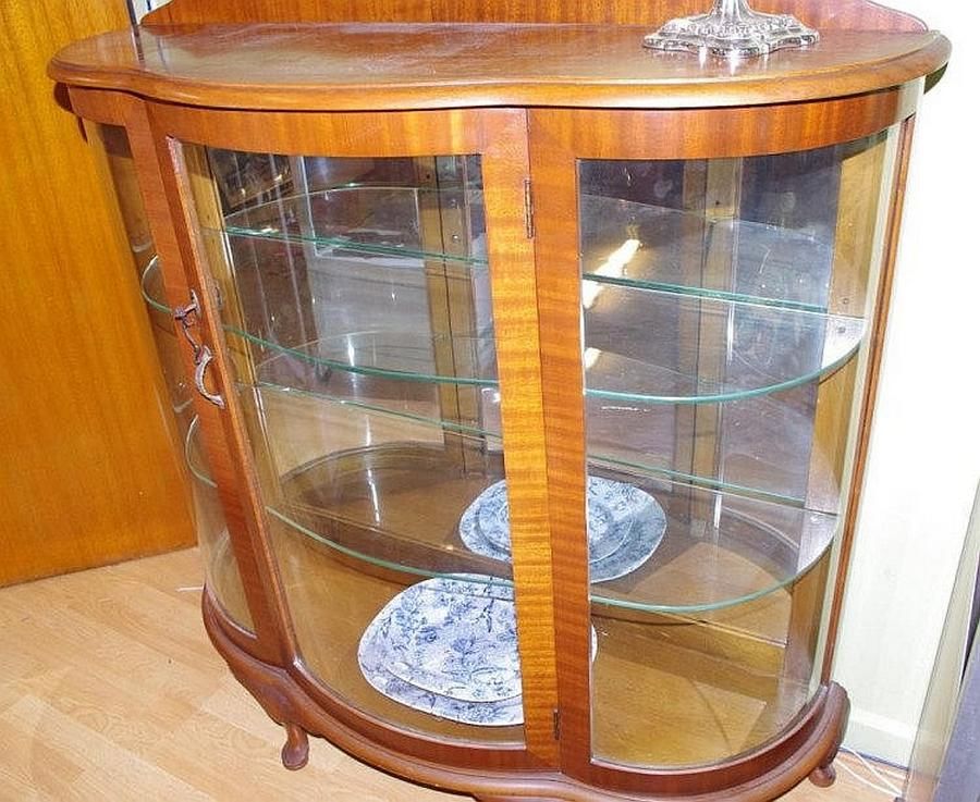 Vintage China Cabinet With Curved Glass, Curved Glass China Cabinet Antique