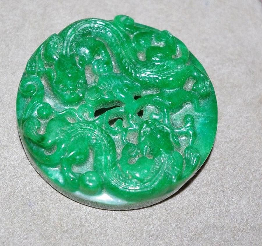 Jade Plaque: Qilongs, Bat, And Ruvi Design - Jade - Oriental