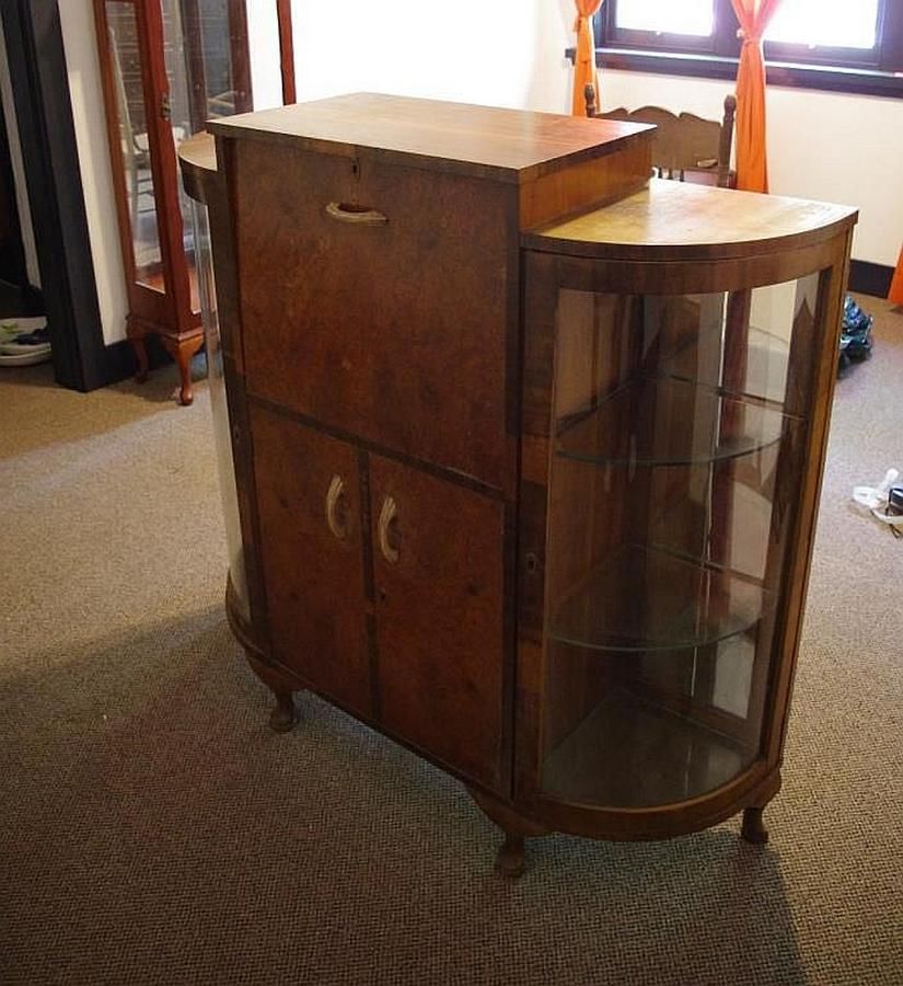 Vintage Walnut Cocktail Cabinet With Curved Glass Doors 123 Cm