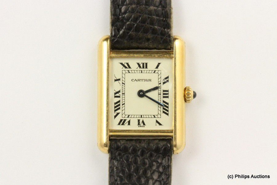 18ct Gold Cartier Tank Ladies' Wristwatch with Leather Strap - Watches ...