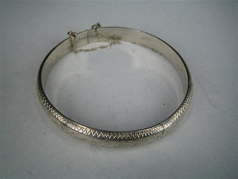 Engraved Silver Hinged Bangle with Safety Chain - Bracelets/Bangles